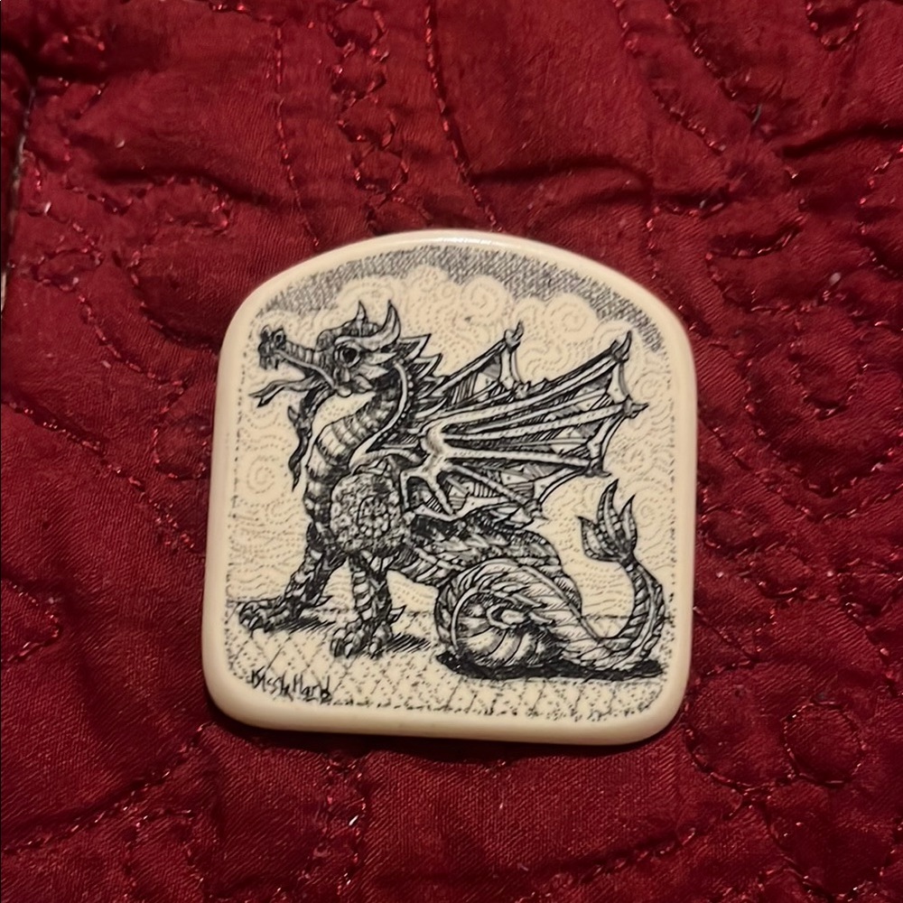 Dragon Art Tile (type of well made smooth plastic) Brooch signed left corner